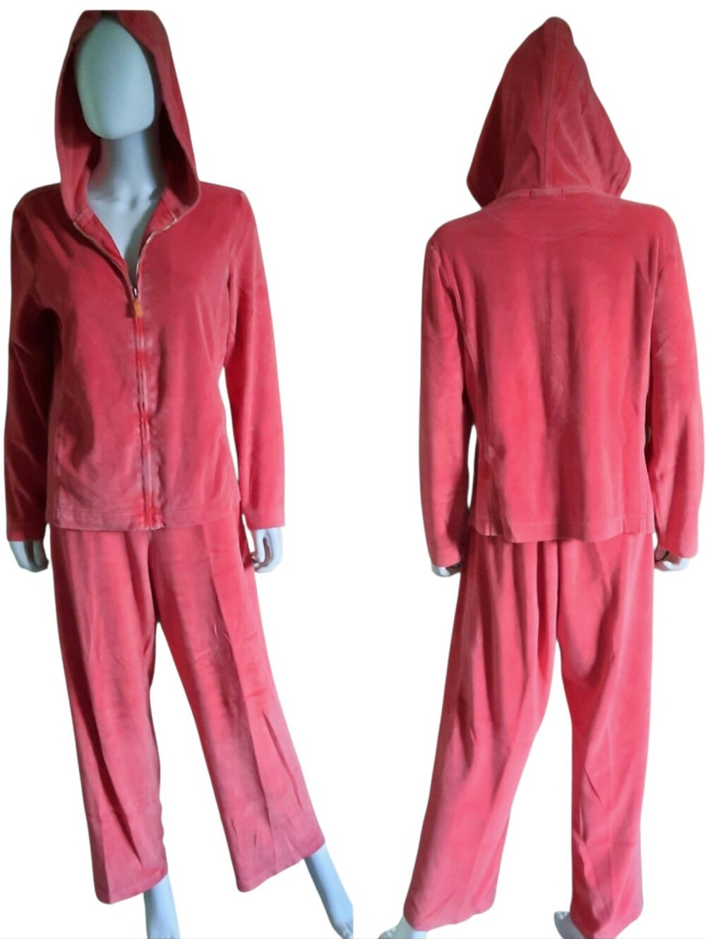 Vtg FRESH PRODUCE Coral Velour Zip Hoodie & Pants Tracksuit Set Sz L Made In USA